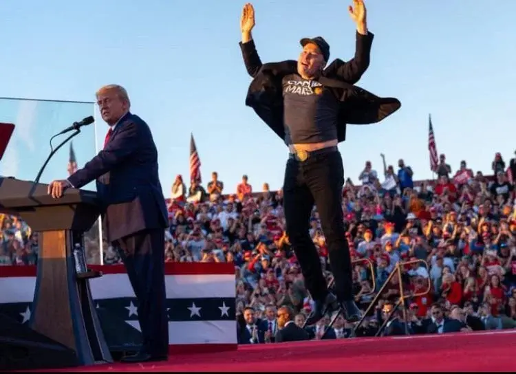 elon musk jumping next to trump meme template