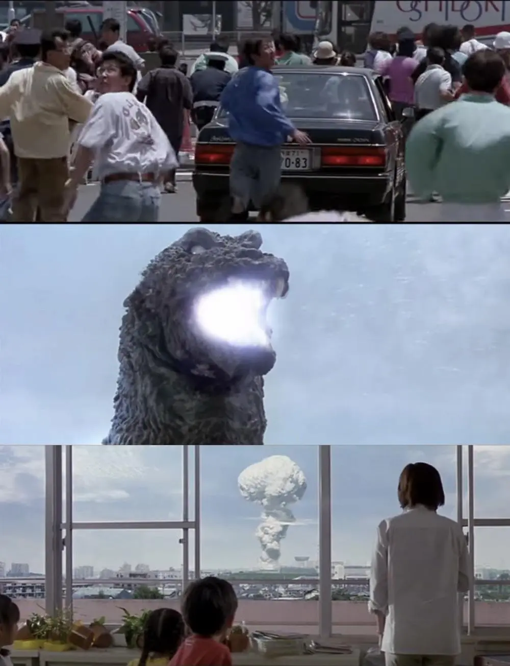 Godzilla nukes some people while a neighboring city looks on meme template