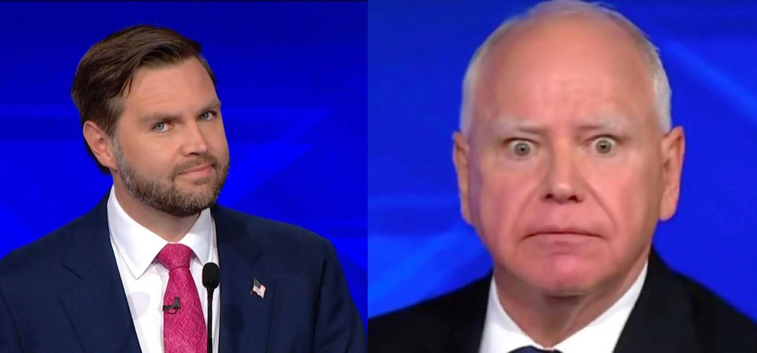 Side glancing JD Vance and bug-eyed Tim Walz meme template